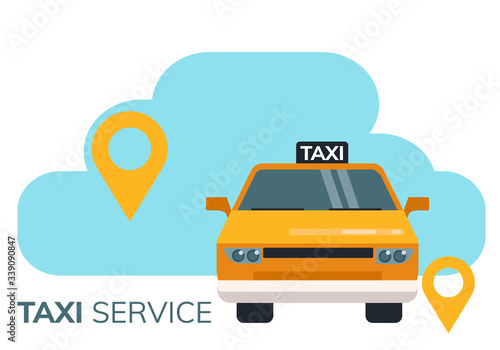  Simple flat illustration for taxi call application. Illustration of a taxi car and geolocation tags 