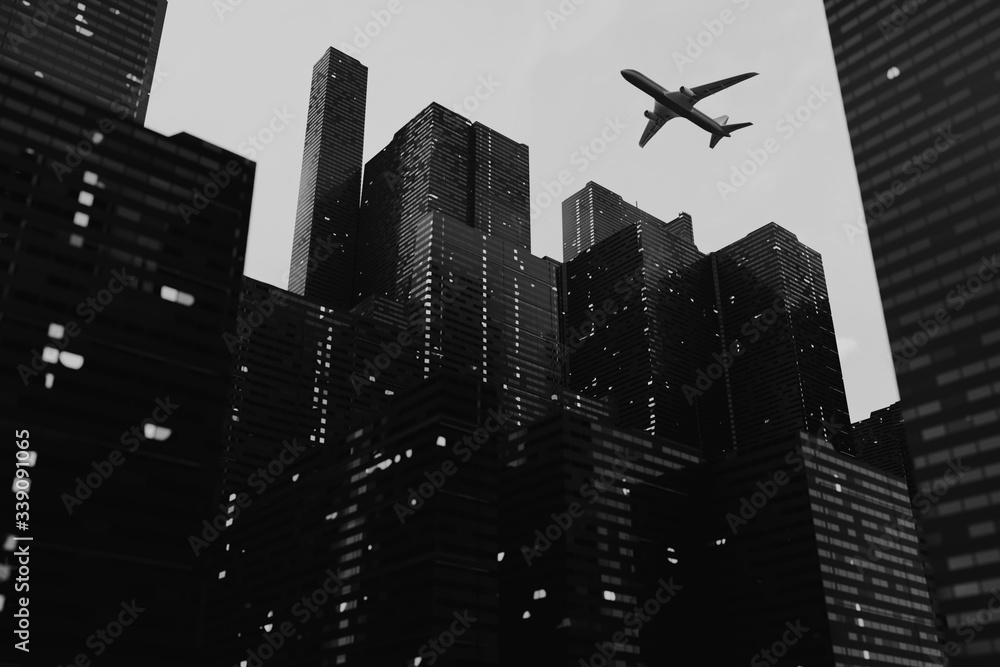 Fototapeta premium Black-white 3D rendering of city skyscrapers with a plane flying in the sky