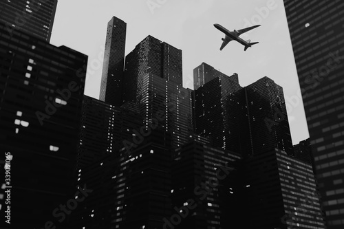 Black-white 3D rendering of city skyscrapers with a plane flying in the sky