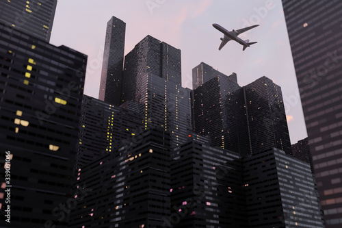 3D rendering of city skyscrapers with a plane flying in the sky