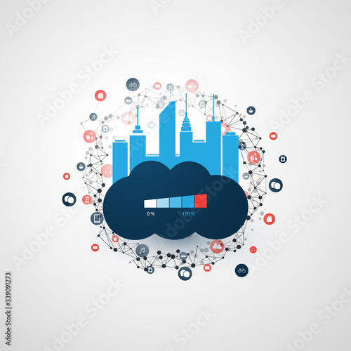 Smart City, Cloud Computing Technology Design Concept with Cityscape - Overloaded Digital Network Connections, Near Exhausting Servers - Digital Internet Services at Full Capacity