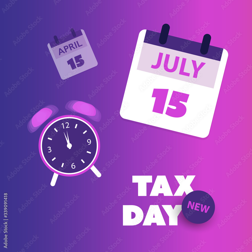 Modern Style Tax Day Reminder Concept, Blue and Purple Calendar Design with Clock - US Tax Deadline Template, New Extended Date for IRS Federal Income Tax Returns: 15 July 2020 Modern Style Tax Day Reminder Concept, Blue and Purple Calendar Design with Clock - US Tax Deadline Template, New Extended Date for IRS Federal Income Tax Returns: 15 July 2020