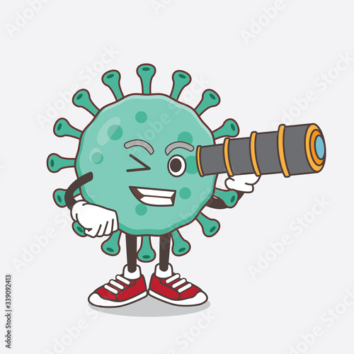 Blue Virus cartoon mascot character using a monocular