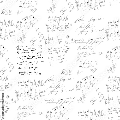 Seamless abstract text pattern. Handwritten font on a white background. Ink on paper