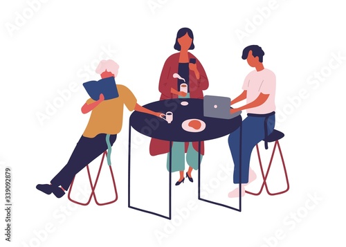Modern cartoon people eat and drink sit at table in food court vector flat il...