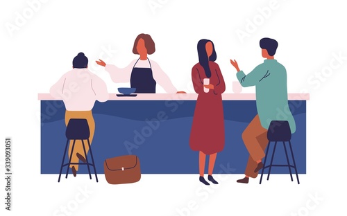 Cartoon people spend time talk at cafe on bar vector flat illustration. Colorful man and woman eat drink and communicate at cafeteria isolated on white. Female waitress personnel stand at counter