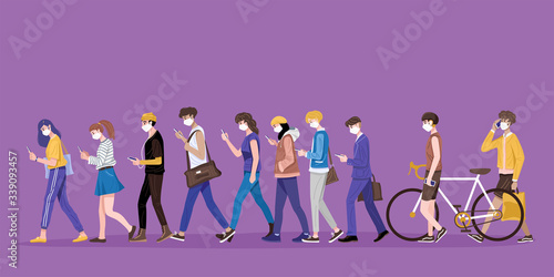 Illustration of people wearing face masks walking and using smartphone, texting and talking. Vector