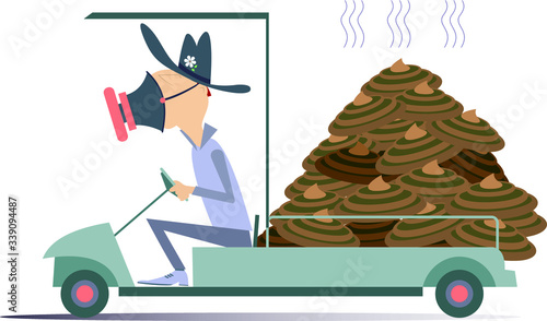 Farmer, truck and organic manure illustration. Funny man in the gas mask drives a truck with a big knot of dung isolated on white
