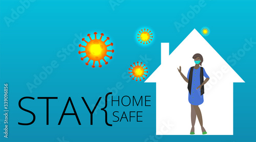 Vector Coronavirus prevention campaign of stay at home and we are stronger together slogan woman, female with laptop and home icon