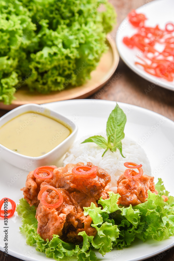Deep Fried Chicken  and Green Curry with Rice , vegetable  in White plate. Thai food