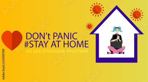 Vector Coronavirus prevention campaign of stay at home and we are stronger together slogan woman, female with laptop and home icon