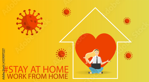 Vector Coronavirus prevention campaign of stay at home and we are stronger together slogan woman, female with laptop and home icon