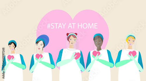 We are stronger together slogan with diverse women Doctors, nurses and medical, ladies standing together
