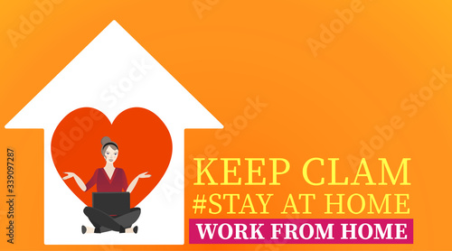 Vector Coronavirus prevention campaign of stay at home and we are stronger together slogan woman, female with laptop and home icon