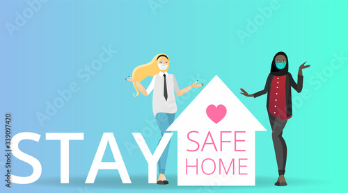 Vector Coronavirus prevention campaign of stay at home and we are stronger together slogan woman, female with laptop and home icon