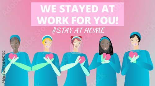 We are stronger together slogan with diverse women Doctors, nurses and medical, ladies standing together