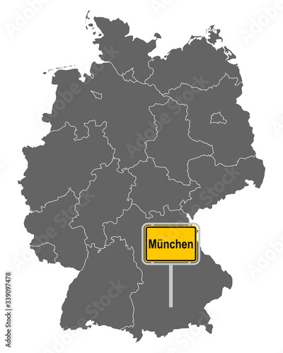 Landkarte von Deutschland mit Ortsschild von München
