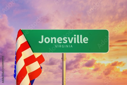 Jonesville – Virginia. Road or Town Sign. Flag of the united states. Blue Sky. Red arrow shows the direction in the city. 3d rendering photo