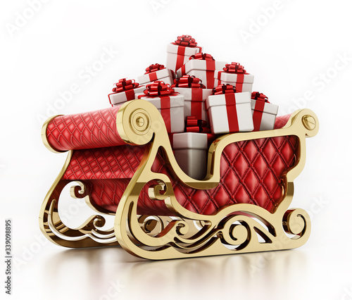 Santa's sleigh loaded with giftboxes isolated on white background. 3D illustration photo