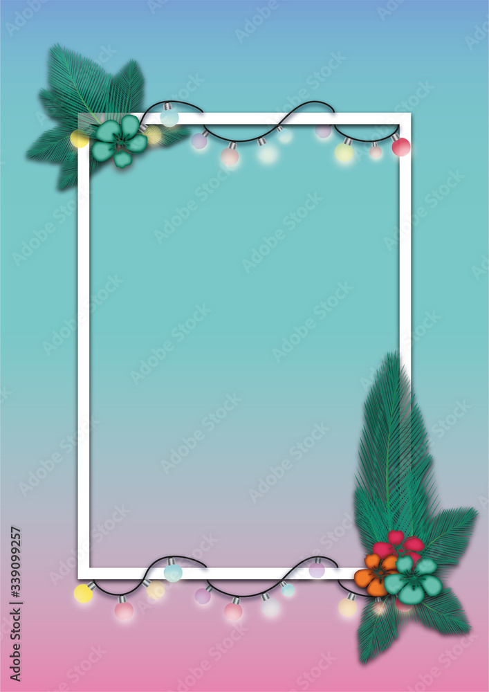 Obraz premium shining bulbs on the frame background,tropical leafs and flowers,bulbs,