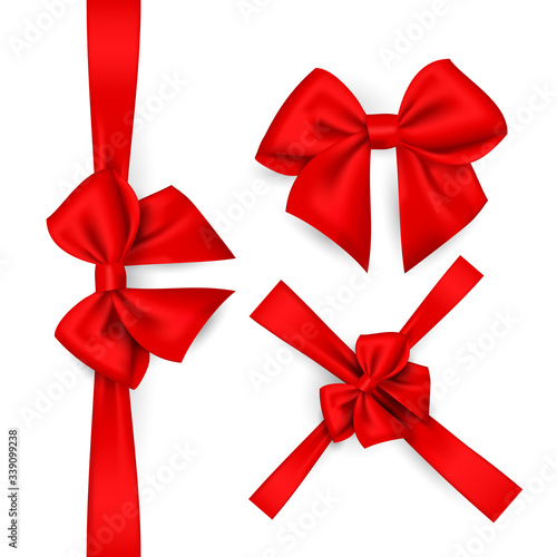 a set of red bows for decorating greeting cards, gifts or promotions. Vector isolated silk or satin ribbons, on a white or transparent background. Use it as a clipart