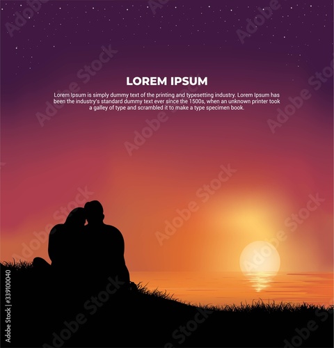Romantic Silhouette Couple in sunset background. Landscape mountain sunset background Suitable for greeting card, poster and banner