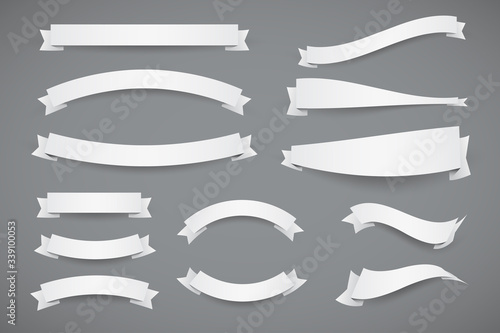 Set of White Paper Banner Flat Style Ribbons with Dashed Outline