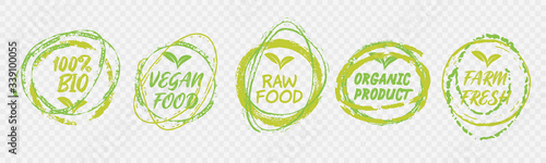 Vegan Healthy Ecology Bio Emblem Logo Design Lettering Badges with Fresh Green Leaves and Grunge Circles Icon Label Sticker Design