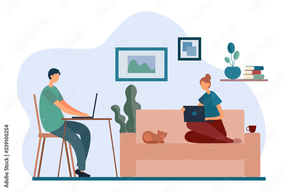 Fototapeta premium Cartoon couple working with laptops at home