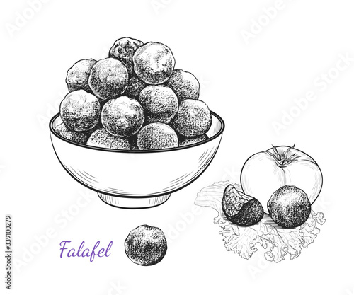 .Sketch of falafel. Falafel balls in a bowl, tomato and separate  balls on a leaf of lettuce. Vector illustration of Middle Eastern cuisine.