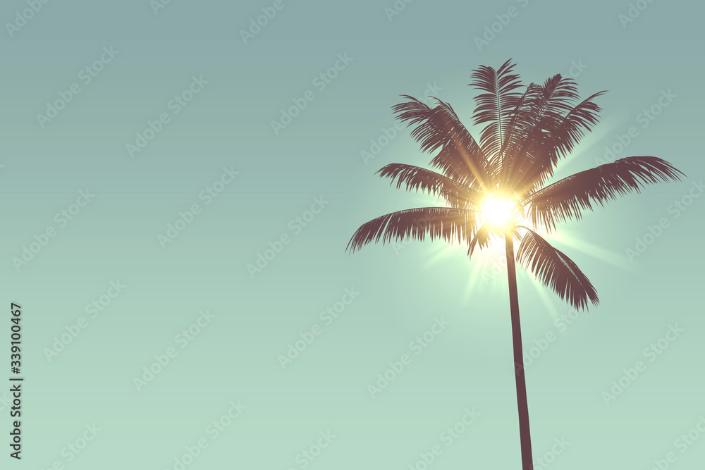 Tropical palm tree silhouette against bright sunlight. 3d rendering - obrazy, fototapety, plakaty 