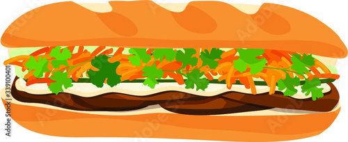 Beef Banh Mi Vietnamese sandwich wit shredded carrots, sliced cucumbers, mayonnaise sauce, and cilantro. Isolated vector illustration.
