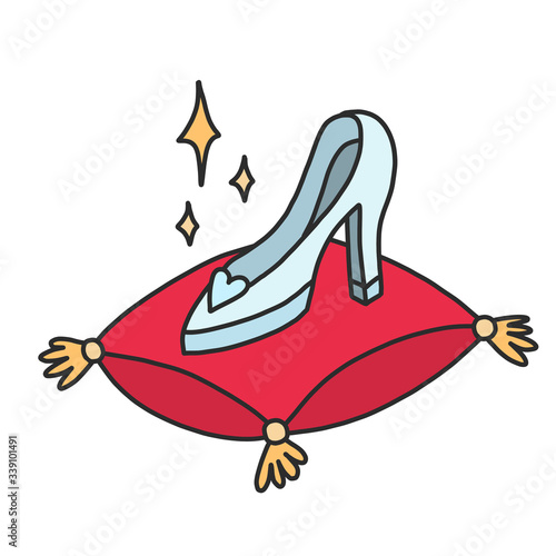 Crystal shoe on a scarlet velvet pillow from a fairy tale about Cinderella. A magical story about a girl who became a princess. Women s shoes and elegant logo shoe store.