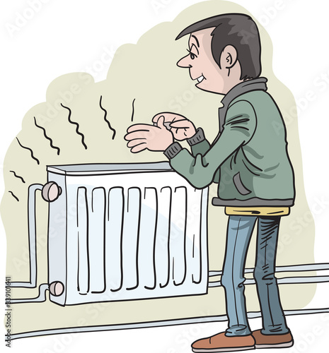 Man with hand house heater radiator