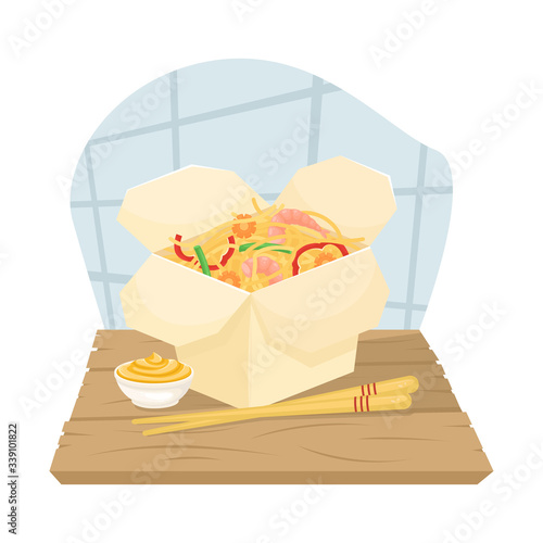 Delivery of Chinese food in boxes to your home. Asian food in boxes. Fried noodles with shrimp and vegetables. Flat lay illustration.
