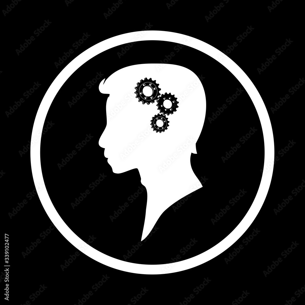 Human head white silhouette with cogs on black Human head white silhouette with cogs on black