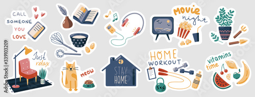Stay Home vector stickers set. Collection of flat cartoon stickers with slogans. Sport, reading, listening to music, cooking. Isolation concept, health care. Home activity. Things to do at home