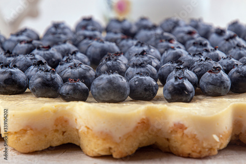 Homemade cheesecake decorated with blueberry. Close up photo