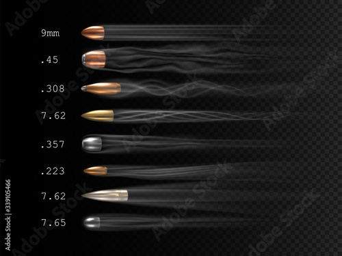 Foto Realistic flying bullet with smoke trace and caliber inscriptions, a set of shot