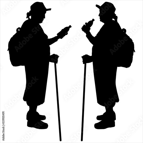 Senior, elder, pensioner tourists with luggage. Set of old female travelers with luggage. Older tourist with sticks for a walk and a water bottle in his hands. Grandmother in a hat and with a backpack