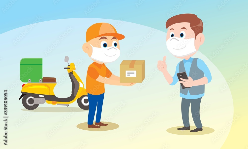 Delivery man ride bike get order. A man holding mobile open app. Wear protective mask. protect corona virus. Social, Physical distancing. fast delivery, shipping. vector illustration isolated cartoon