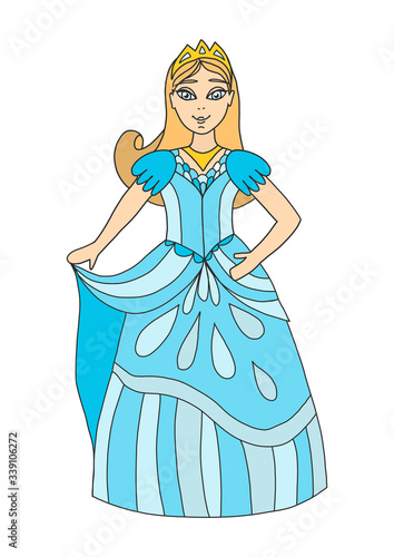 Cute princess curtsy. The girl is blonde in the crown. Vector illustration of a young queen with blue eyes. Crown, long hair and a blue chic dress.
