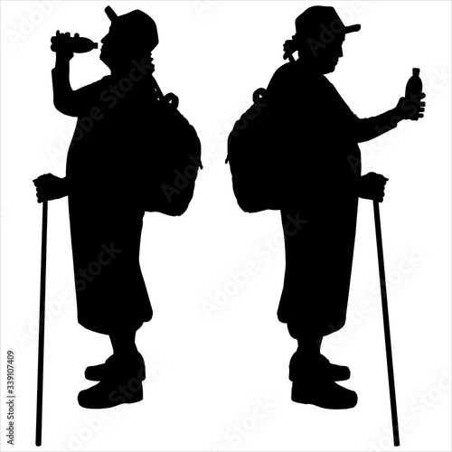 Set of two silhouettes of older women. Grandma drinks water from a bottle. Vector. Tourists travelling with backpacks. Summer vacation. Illustration of summer tourist character, older woman.