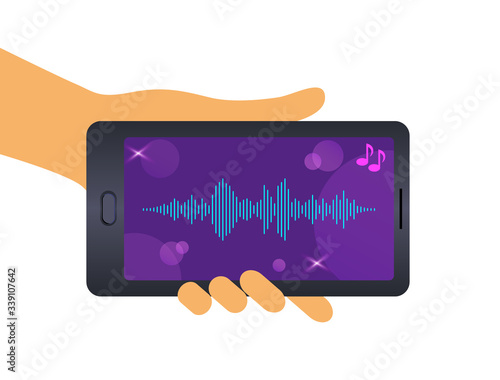 Voice recognition on mobile app. Personal assistant, human hand with smartphone on white background and equalizer lines. Concept flat vector illustration.