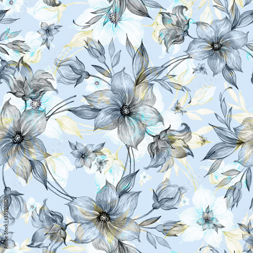  Seamless hand-drawn pattern beautiful flowers