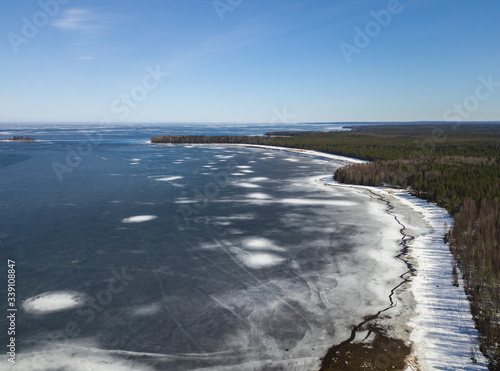 Aerial view on the Onega lake covered with ice, northwest of Russia