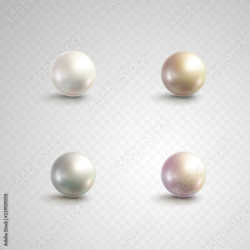 Pearl and circle beads isolated on transparent background. Golden rose, white, perl balls or glossy bubbles template. Vector 3d metal sphere, shiny capsule set.