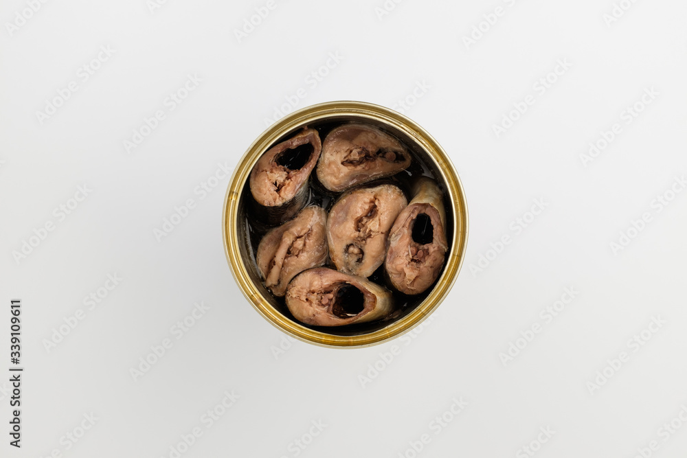 Canned saury on white background