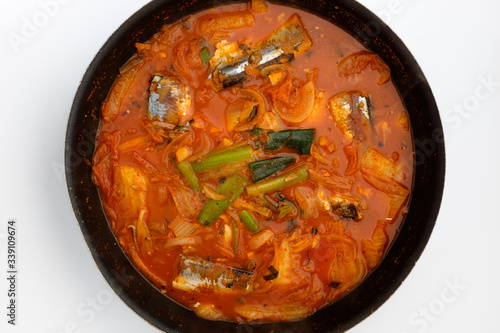 Saury kimchi stew on white background