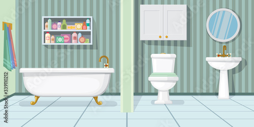 Fashionable bathroom illustration. Modern bathtub, toilet and sink in bathroom with stripped wallpaper. Interior illustration
